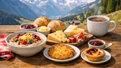 A Swiss breakfast spread with a bowl of Bircher muesli topped with grated apple, nuts, and berries, a slice of rösti potato, Swiss cheeses, bread rolls, butter, jam, and a steaming cup of hot chocolate on a wooden table with Alpine view
