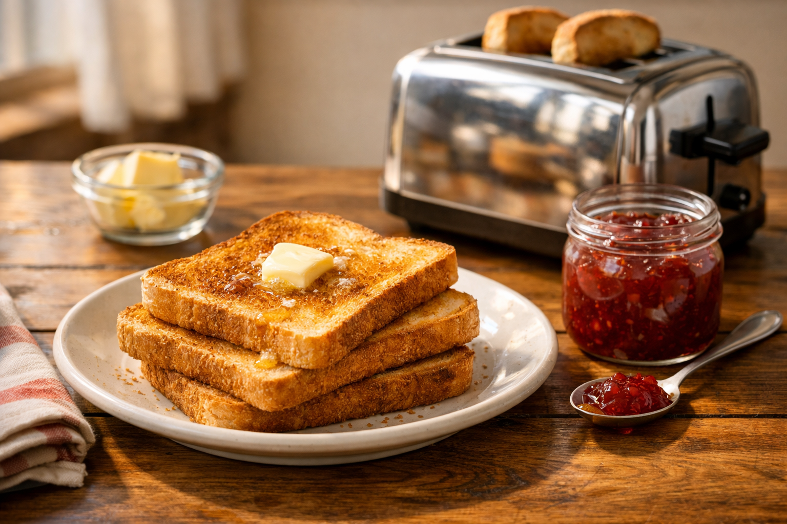 A plate of golden-brown toasted bread slices with butter melting into the warm surface, a vintage toaster in the background, and a jar of jam on a wooden table in soft morning light