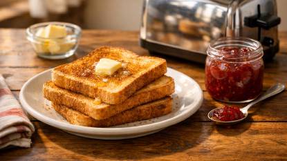 A plate of golden-brown toasted bread slices with butter melting into the warm surface, a vintage toaster in the background, and a jar of jam on a wooden table in soft morning light