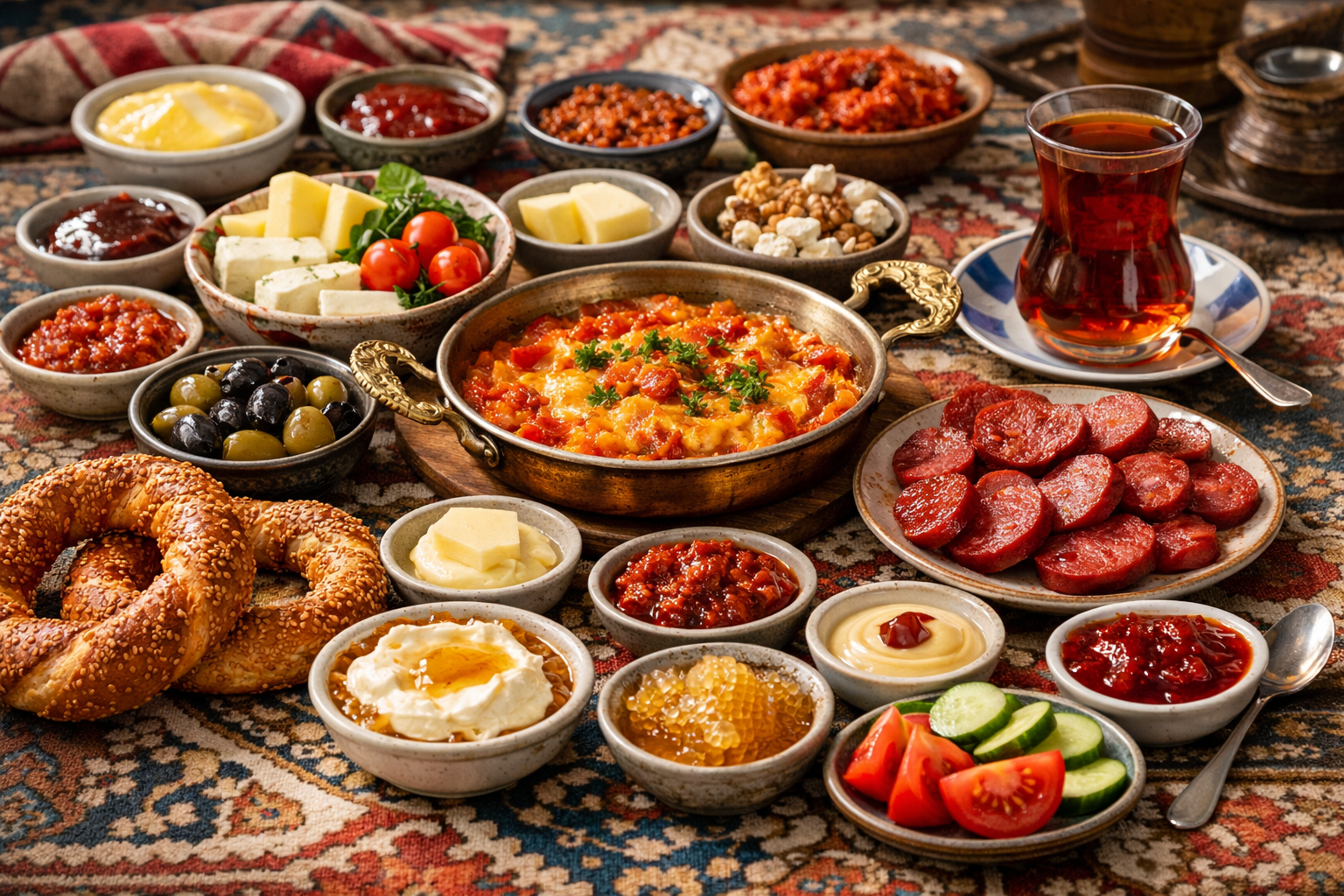 A lavish Turkish kahvalti spread with simit bread rings, cheeses, olives, tomatoes, cucumbers, honeycomb, kaymak cream, menemen eggs in a copper pan, sucuk sausage, and a tulip-shaped glass of cay tea on a patterned tablecloth
