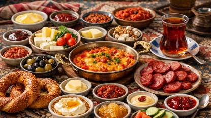 A lavish Turkish kahvalti spread with simit bread rings, cheeses, olives, tomatoes, cucumbers, honeycomb, kaymak cream, menemen eggs in a copper pan, sucuk sausage, and a tulip-shaped glass of cay tea on a patterned tablecloth