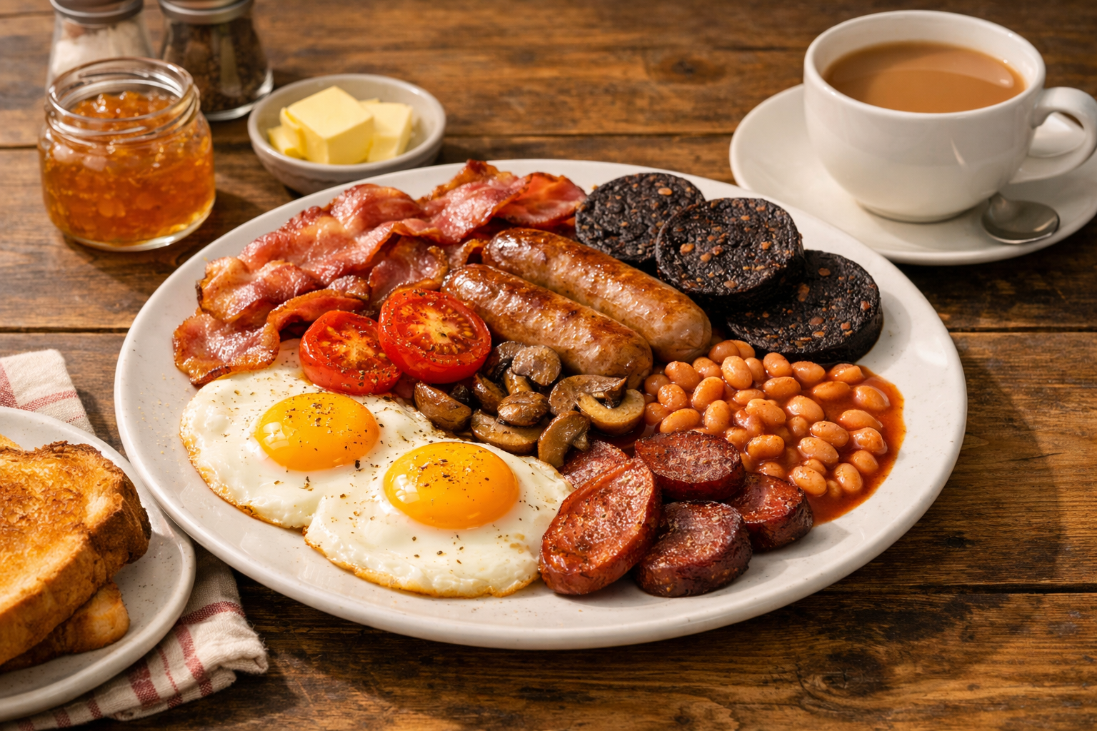 A full English breakfast on a white plate with fried eggs, bacon, sausages, black pudding, baked beans, grilled tomatoes, fried mushrooms, and a slice of toast, with a cup of tea and a small jar of marmalade