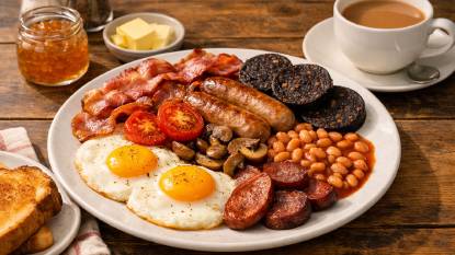 A full English breakfast on a white plate with fried eggs, bacon, sausages, black pudding, baked beans, grilled tomatoes, fried mushrooms, and a slice of toast, with a cup of tea and a small jar of marmalade
