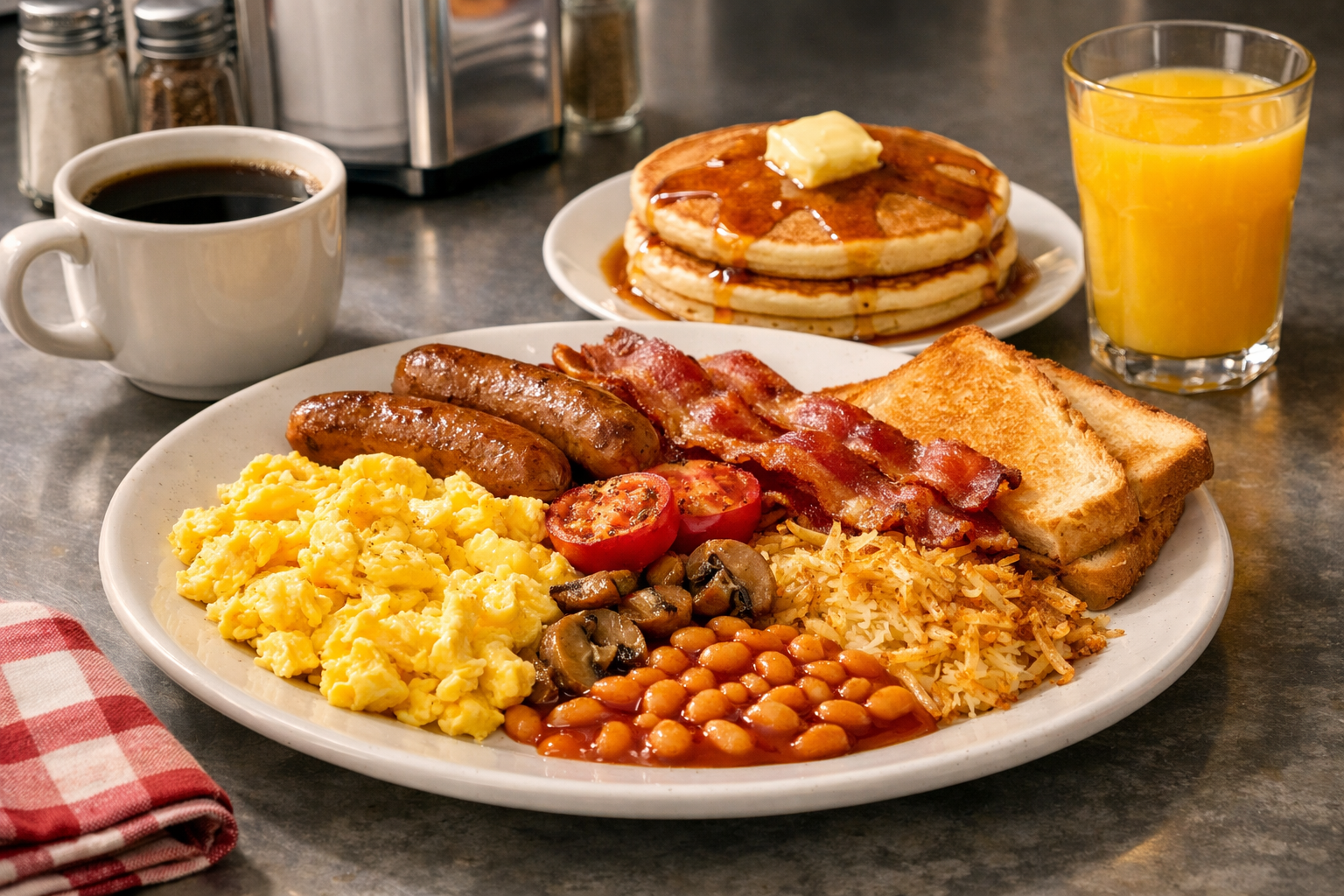 An American breakfast spread with fluffy pancakes stacked high with butter and maple syrup, crispy bacon strips, scrambled eggs, a glazed doughnut, a toasted bagel with cream cheese, a glass of orange juice, and a mug of coffee on a diner counter