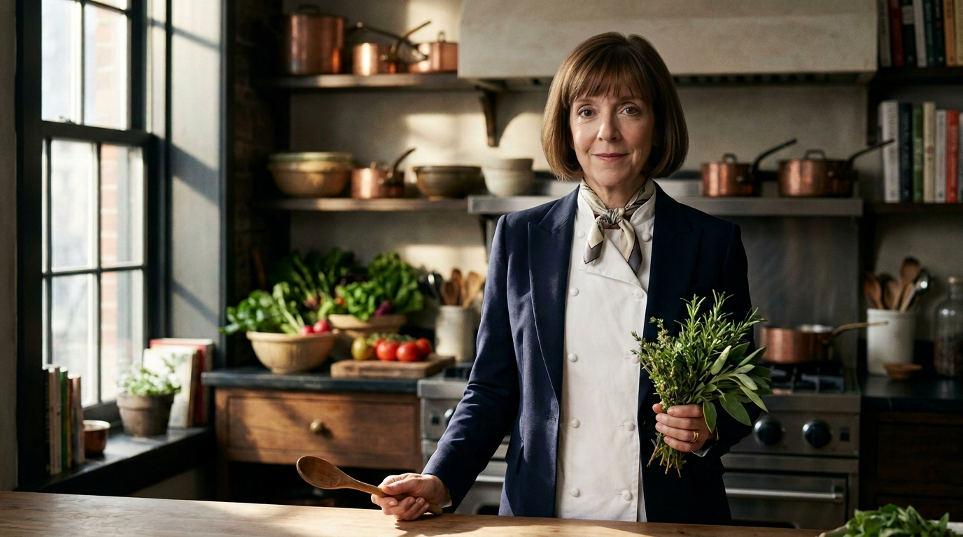 An AI-generated artistic impression of American chef Anne Rosenzweig, depicted in a 16:9 editorial-style composition. She has dark hair and stands in a rustic New York kitchen, wearing a white chefâs coat over a navy blazer with a silk scarf. She holds a wooden spoon in one hand and fresh herbs in the other. The background shows open wooden shelves with copper pots and produce, bathed in warm afternoon window light. The image uses a photorealistic, cinematic aesthetic with earthy tones and accents of green and orange. This is a stylized, imaginative rendering, not an actual photograph of the chef.