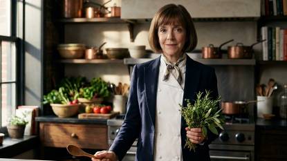 An AI-generated artistic impression of American chef Anne Rosenzweig, depicted in a 16:9 editorial-style composition. She has dark hair and stands in a rustic New York kitchen, wearing a white chef’s coat over a navy blazer with a silk scarf. She holds a wooden spoon in one hand and fresh herbs in the other. The background shows open wooden shelves with copper pots and produce, bathed in warm afternoon window light. The image uses a photorealistic, cinematic aesthetic with earthy tones and accents of green and orange. This is a stylized, imaginative rendering, not an actual photograph of the chef.