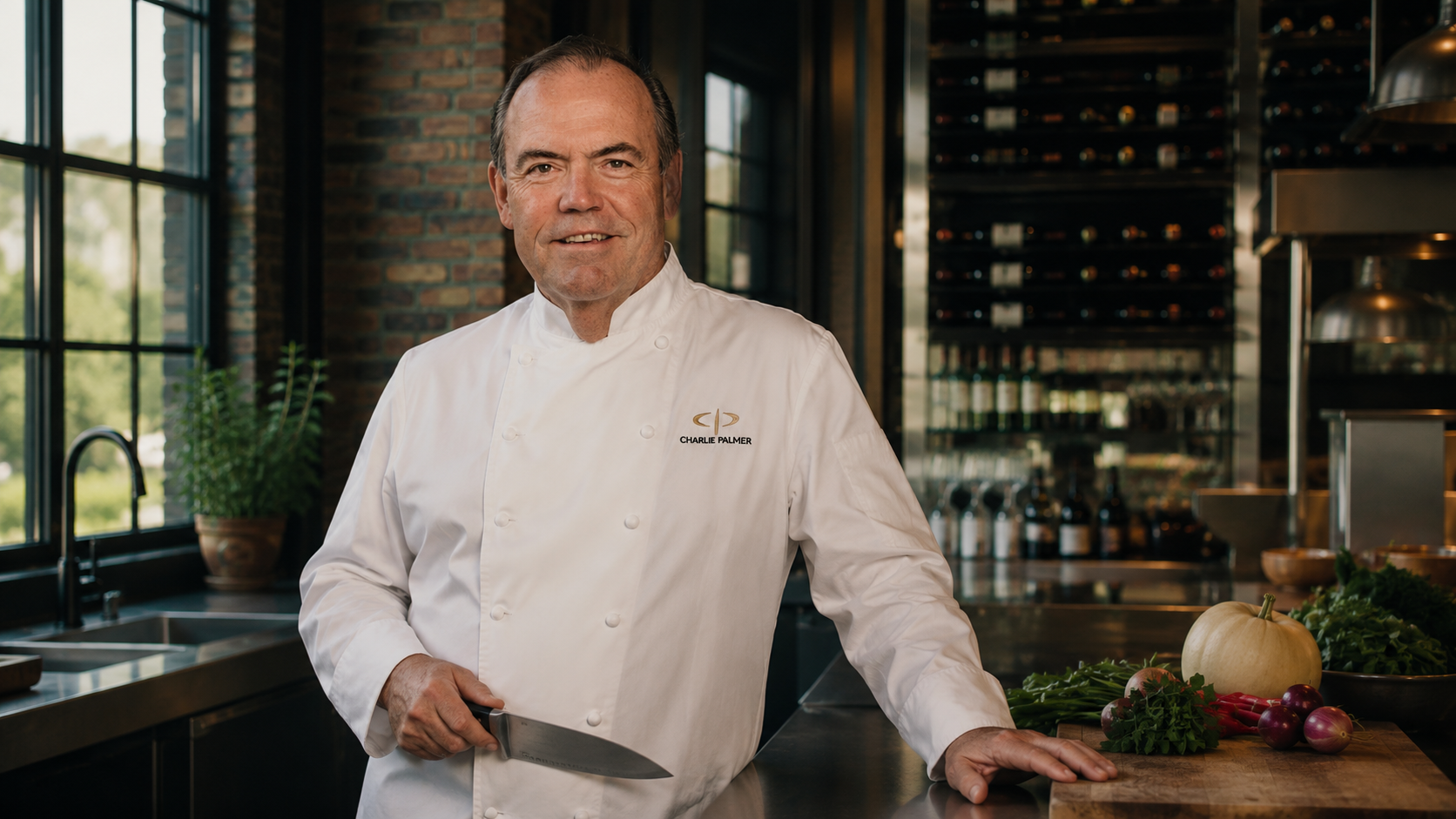 Chef Charlie Palmer. An AIâgenerated artistic impression of American chef Charlie Palmer, depicted in a 16:9 editorialâstyle composition. He has short silverâgrey hair and stands in a modern kitchen with exposed brick and stainless steel counters. He wears a white chefâs coat, holding a chefâs knife near a cutting board with fresh produce. Soft window light creates warm shadows and highlights the metallic and organic textures. The image is photorealistic and cinematic, with amber and slate tones. This is a stylized imaginative rendering, not an actual photograph.