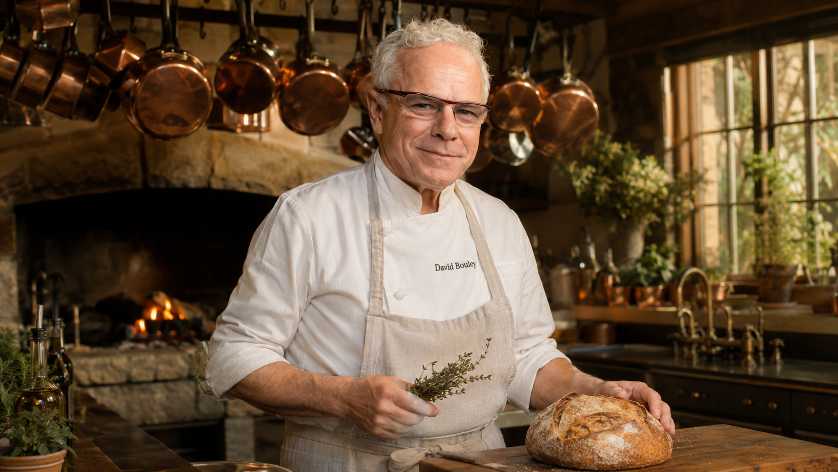 Chef David Bouley. An AIâgenerated artistic impression of American chef David Bouley, depicted in a 16:9 editorialâstyle composition. He has saltâandâpepper hair, a mustache, and a focused expression. He stands in a rustic Frenchâinspired kitchen with wooden beams, a stone hearth, and hanging copper pots. He wears a white chefâs coat and an apron, holding a loaf of sourdough bread and fresh thyme. Warm afternoon light creates soft golden shadows, highlighting the copper and wood textures. The image is photorealistic and cinematic, with amber and olive tones â this is a stylized imaginative rendering, not an actual photograph.
