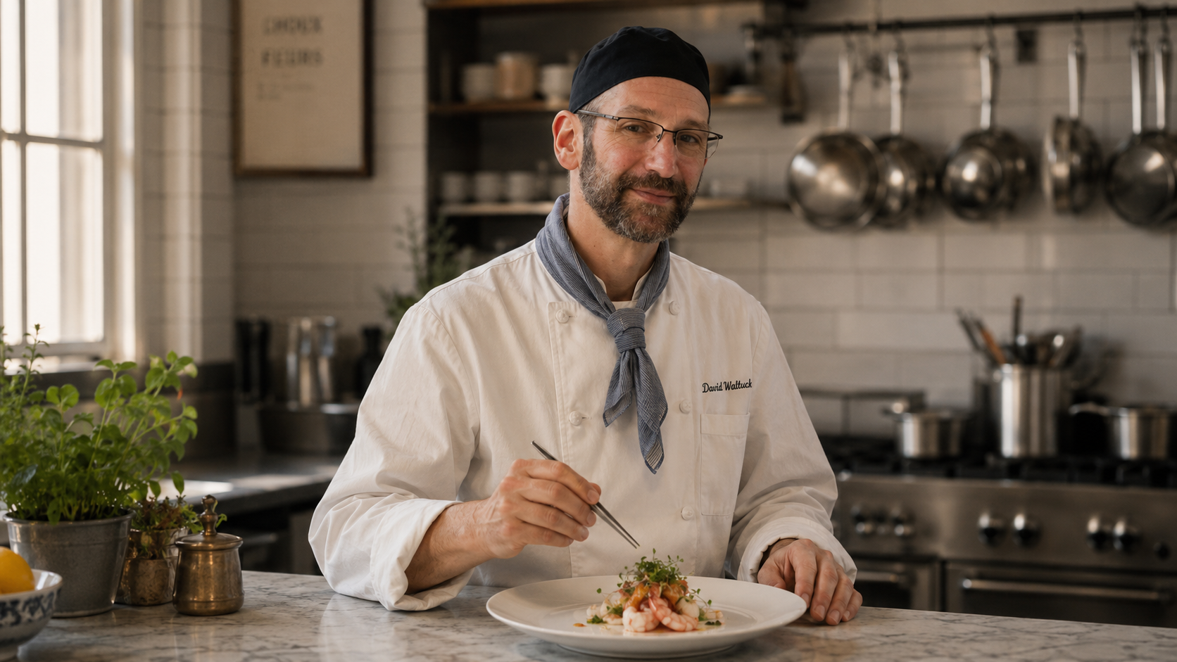 Chef David Waltuck. An AIâgenerated artistic impression of American chef David Waltuck, depicted in a 16:9 editorialâstyle composition. He has short graying hair and a gentle smile, standing in a clean, elegant kitchen with white subway tile walls and a marble counter. He wears a white chefâs coat with a blueâgray neckerchief, holding a plate of delicately plated seafood and a pair of tweezers. Soft, diffused natural light creates a serene, airy mood with muted cream and slateâblue tones. This is a stylized imaginative rendering, not an actual photograph.