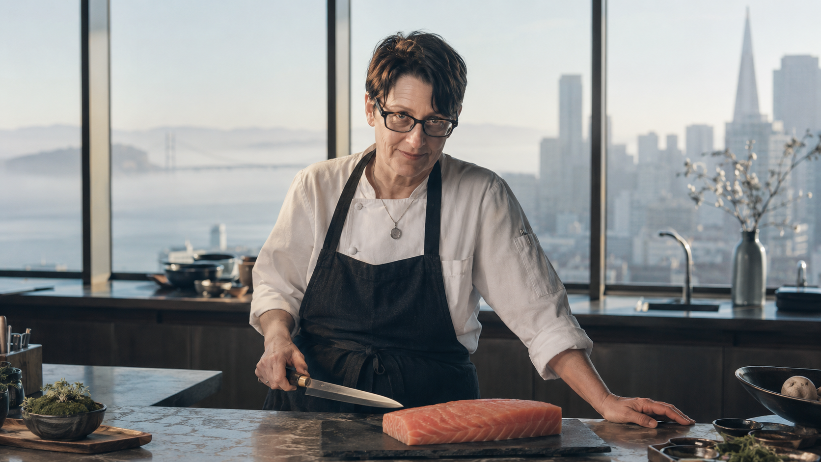 Chef Elka Gilmore. An AIâgenerated artistic impression of American chef Elka Gilmore, depicted in a 16:9 editorialâstyle composition. She has a short pixie haircut and a confident expression, standing in a bright San Francisco kitchen with large windows overlooking the city. She wears a white chefâs coat and a black apron, holding a Japanese knife beside a piece of raw fish on a slate board. Soft, foggy morning light creates cool blueâgray tones with warm salmon highlights. This is a stylized imaginative rendering, not an actual photograph.