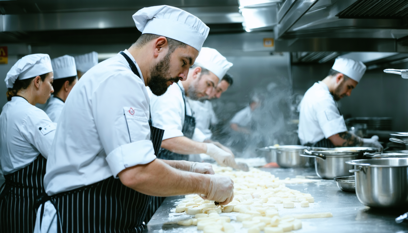 Chef Brigade at Work in a Large Kitchen