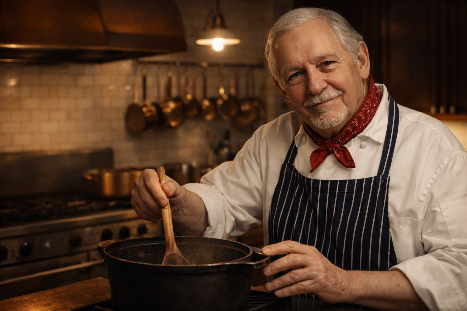 Chef Jean-Jacques Rachou. A stylized digital rendering of chef JeanâJacques Rachou, captured in wideâscreen editorial format. He appears in a timeless French bistro kitchen with tiled walls and copper fixtures, wearing a white coat, striped apron, and a red neck bandana. His silver hair and goatee frame a kindly, experienced face. He rests a hand on a heavy castâiron pot while holding a wooden spoon, bathed in warm, amber pendant light that gives the scene a nostalgic, intimate feel. This is an AIâgenerated artwork, not an authentic photograph.