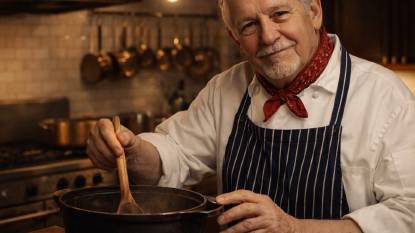 Chef Jean-Jacques Rachou. A stylized digital rendering of chef Jean‑Jacques Rachou, captured in wide‑screen editorial format. He appears in a timeless French bistro kitchen with tiled walls and copper fixtures, wearing a white coat, striped apron, and a red neck bandana. His silver hair and goatee frame a kindly, experienced face. He rests a hand on a heavy cast‑iron pot while holding a wooden spoon, bathed in warm, amber pendant light that gives the scene a nostalgic, intimate feel. This is an AI‑generated artwork, not an authentic photograph.
