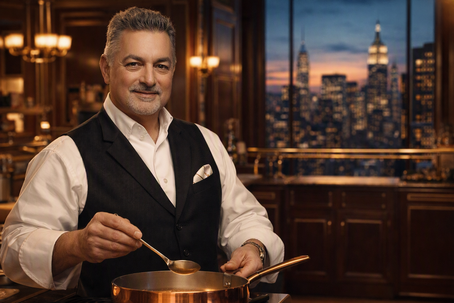 Chef Waldy Malouf. An AIâgenerated artistic impression of American chef Waldy Malouf, depicted in a 16:9 editorialâstyle composition. He has silverâgrey hair and a neatly trimmed mustache, standing in an Art Decoâinspired New York kitchen with brass details and mahogany wood. He wears a white chefâs coat with a black vest, holding a copper pan and a tasting spoon. A window behind him shows the Manhattan skyline at dusk, with warm kitchen light contrasting against cool city blues. This is a stylized imaginative rendering, not an actual photograph.