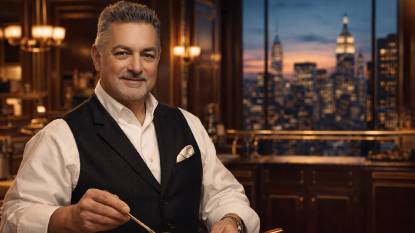 Chef Waldy Malouf. An AI‑generated artistic impression of American chef Waldy Malouf, depicted in a 16:9 editorial‑style composition. He has silver‑grey hair and a neatly trimmed mustache, standing in an Art Deco‑inspired New York kitchen with brass details and mahogany wood. He wears a white chef’s coat with a black vest, holding a copper pan and a tasting spoon. A window behind him shows the Manhattan skyline at dusk, with warm kitchen light contrasting against cool city blues. This is a stylized imaginative rendering, not an actual photograph.