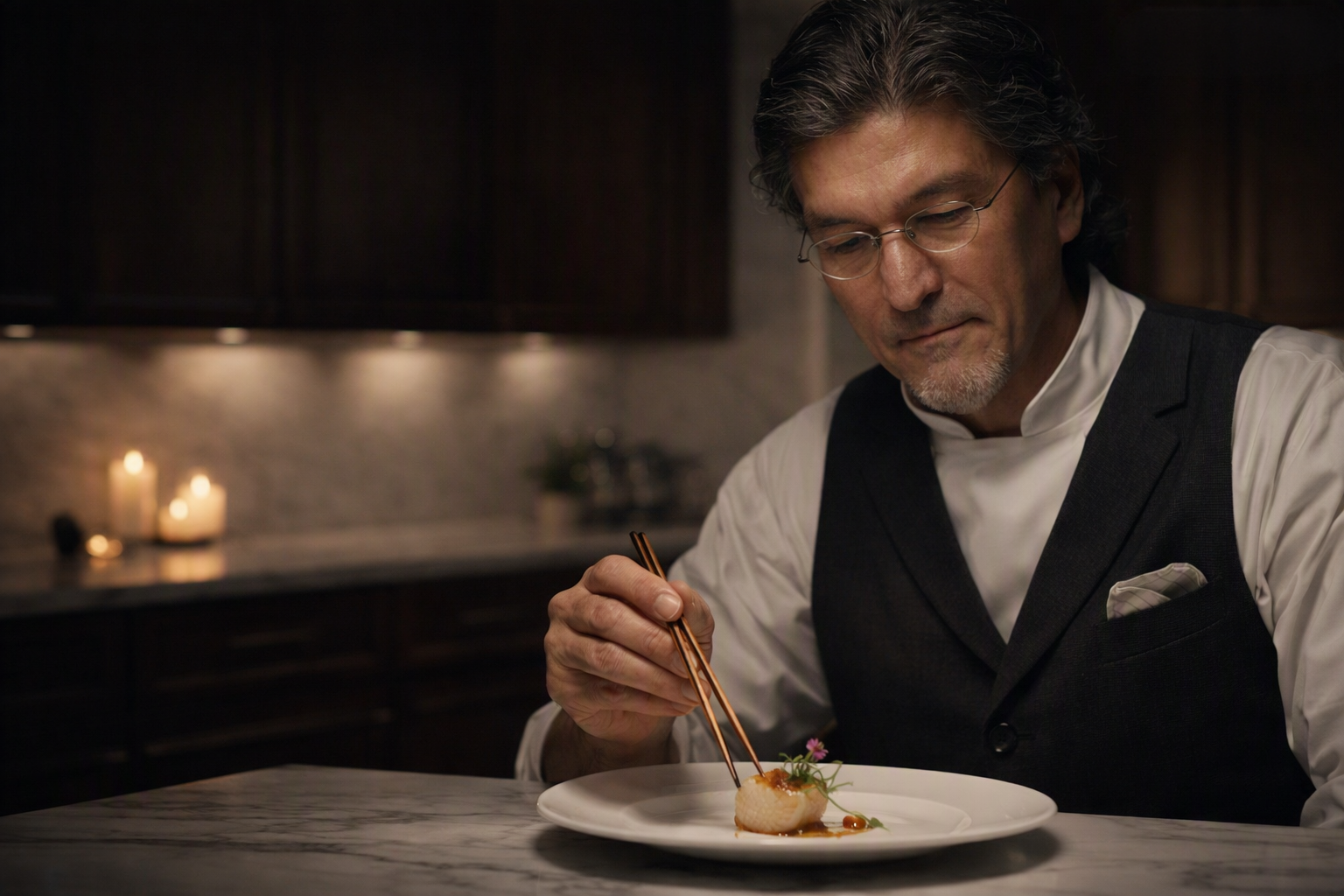 Chef Wayne Nish. An AIâgenerated artistic impression of American chef Wayne Nish, depicted in a 16:9 editorialâstyle composition. He has saltâandâpepper hair, a goatee, and wireârimmed glasses, standing in an elegant Manhattan kitchen with dark wood and white marble. He wears a white chefâs coat with a charcoal waistcoat, holding chopsticks over a plate of finely plated scallop with microâgreens and a flower. Soft candlelight and ambient shadows create an intimate, moody atmosphere with charcoal, cream, and jade tones. This is a stylized imaginative rendering, not an actual photograph.
