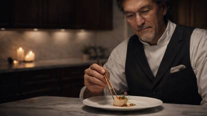 Chef Wayne Nish. An AI‑generated artistic impression of American chef Wayne Nish, depicted in a 16:9 editorial‑style composition. He has salt‑and‑pepper hair, a goatee, and wire‑rimmed glasses, standing in an elegant Manhattan kitchen with dark wood and white marble. He wears a white chef’s coat with a charcoal waistcoat, holding chopsticks over a plate of finely plated scallop with micro‑greens and a flower. Soft candlelight and ambient shadows create an intimate, moody atmosphere with charcoal, cream, and jade tones. This is a stylized imaginative rendering, not an actual photograph.