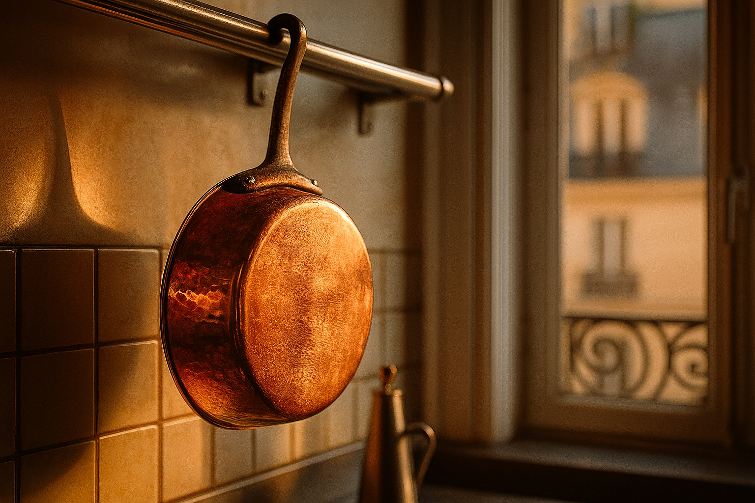 Antique copper cookware in traditional French kitchen, showcasing the characteristic patina and craftsmanship of heritage culinary tools