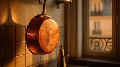 Antique copper cookware in traditional French kitchen, showcasing the characteristic patina and craftsmanship of heritage culinary tools