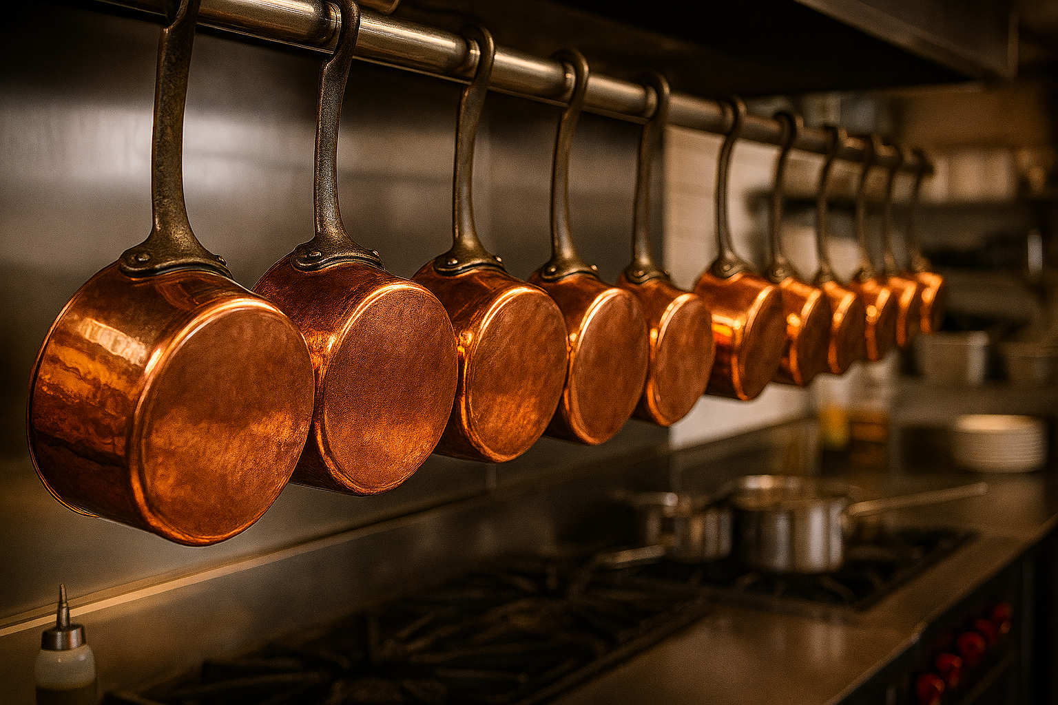 A row of polished copper saucepans arranged by size in a professional kitchen, hanging above a pristine cooking station