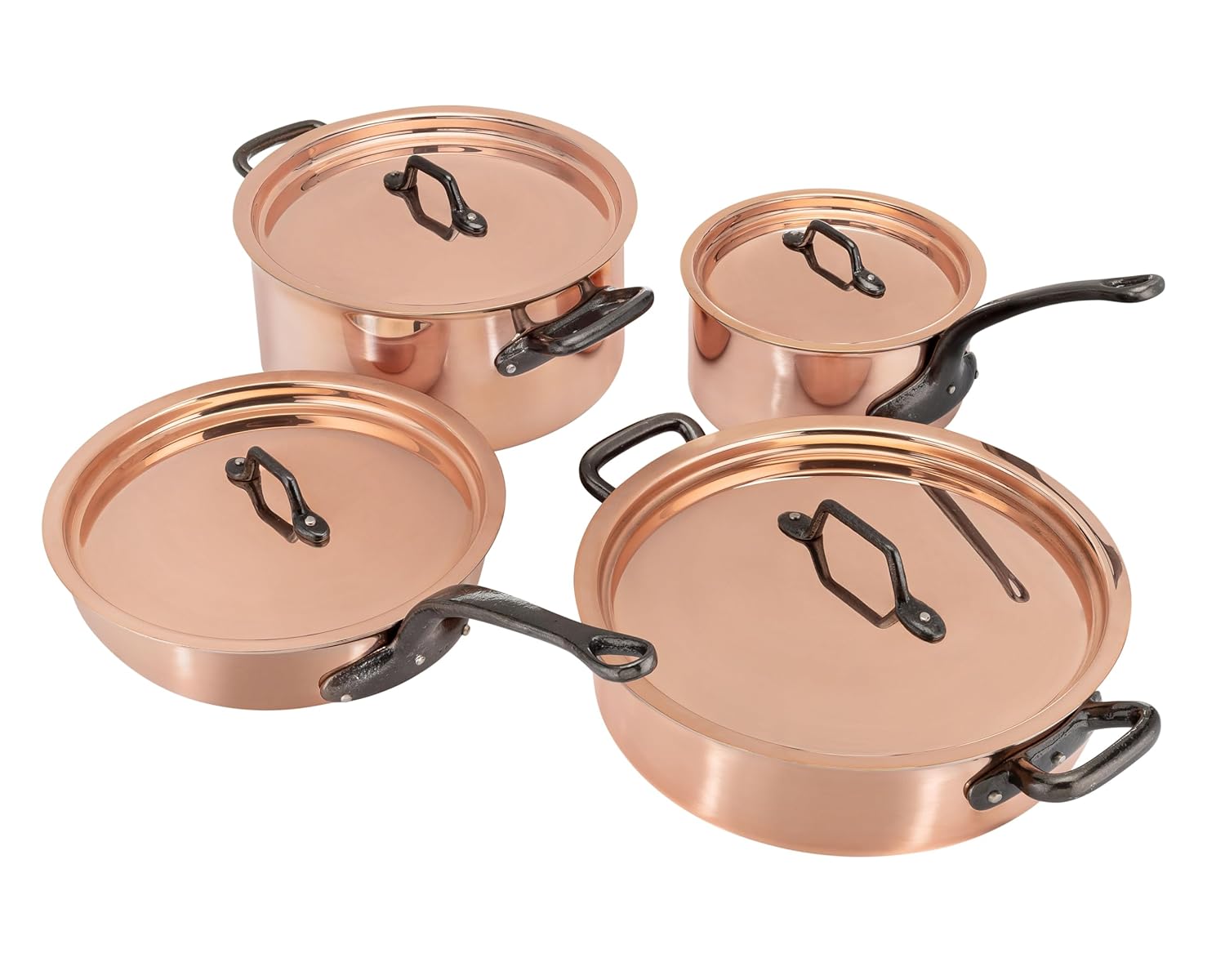 Matfer Bourgeat 915901 8‑Piece Copper Cookware Set displayed with copper lids and cast iron handles