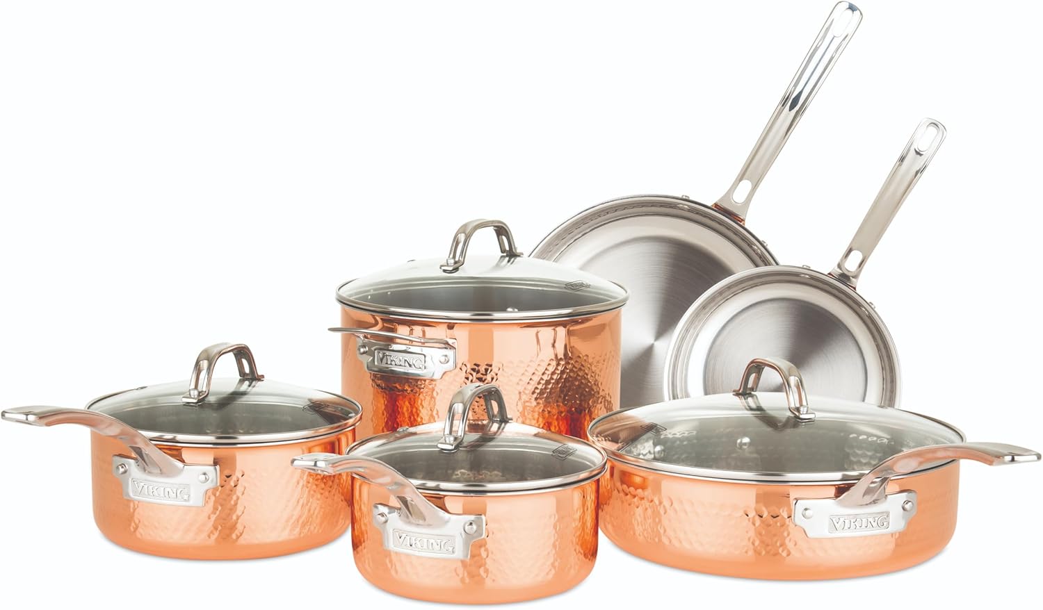 Viking 3-Ply Hammered Copper Clad 10-Piece Cookware Set on a stovetop with copper pots and glass lids