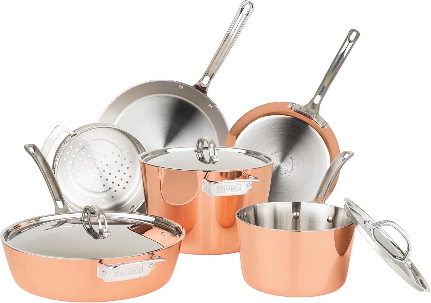 Viking Contemporary 4-Ply 9-Piece Copper Cookware Set on a modern stove with copper pots and pans arranged.