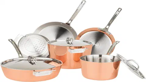 Viking Contemporary 4-Ply 9-Piece Copper Cookware Set on a modern stove with copper pots and pans arranged.