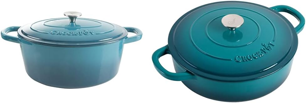 Crock-Pot Artisan Oval Enameled Cast Iron Dutch Oven and Braiser Bundle in Teal Ombre on a stovetop