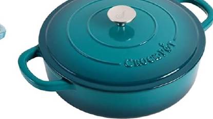 Crock-Pot Artisan Oval Enameled Cast Iron Dutch Oven and Braiser Bundle in Teal Ombre on a stovetop