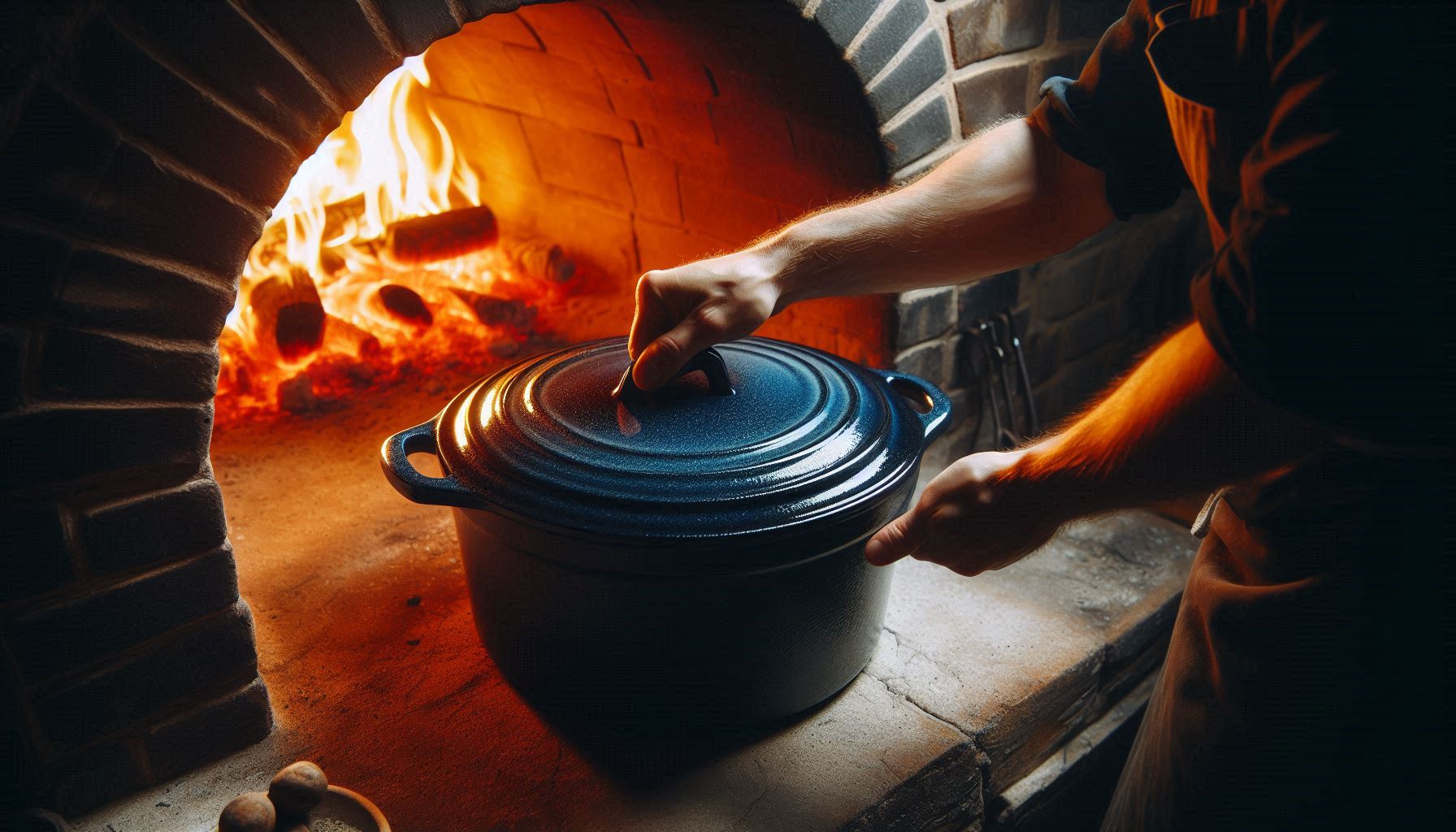 A chef places a dark blue enameled cast iron Dutch oven into a wood-fired oven, the vessel contrasting dramatically against the glowing embers
