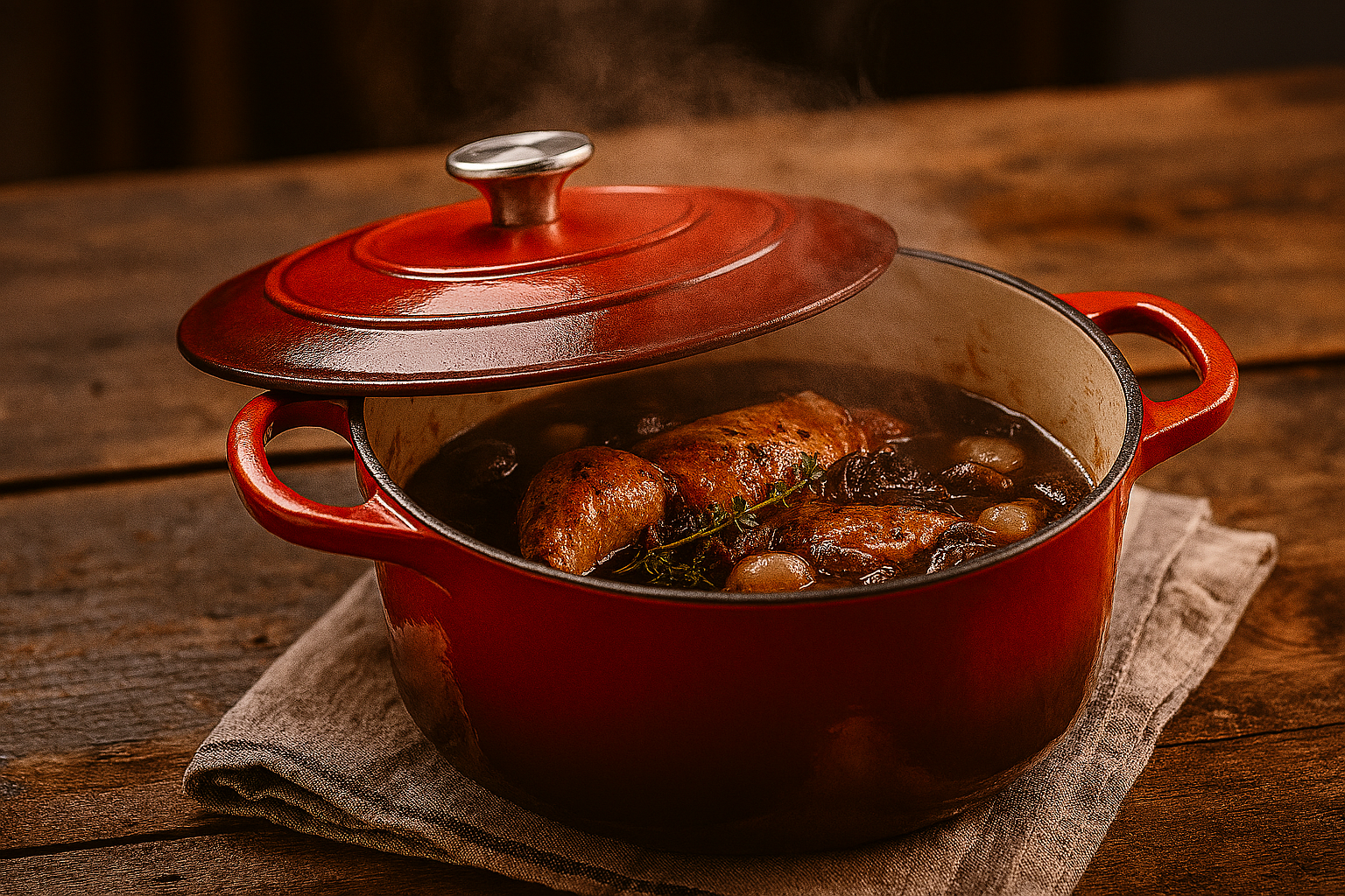 Traditional French enameled cast iron Dutch oven with bubbling coq au vin, showcasing the cookware's heritage and vibrant color characteristic of premium brands