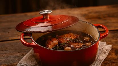 Traditional French enameled cast iron Dutch oven with bubbling coq au vin, showcasing the cookware's heritage and vibrant color characteristic of premium brands