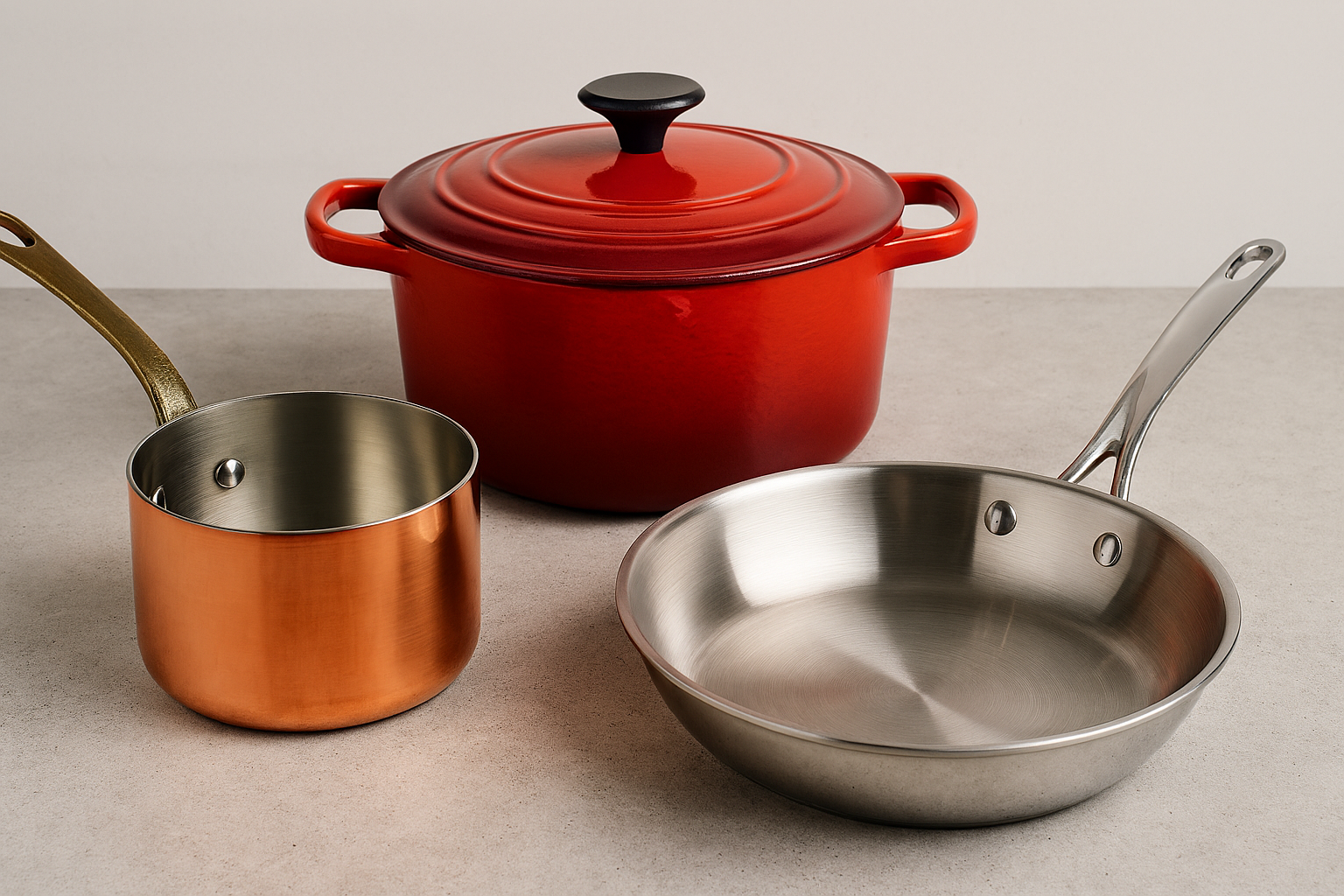 Copper saucepan, red enameled cast iron Dutch oven, and stainless steel frying pan arranged on a rustic kitchen counter with soft natural lighting.