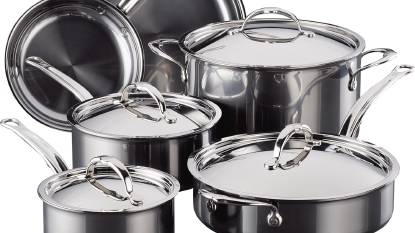 Hestan NanoBond 10-Piece Molecular Titanium Cookware Set displayed on a kitchen counter