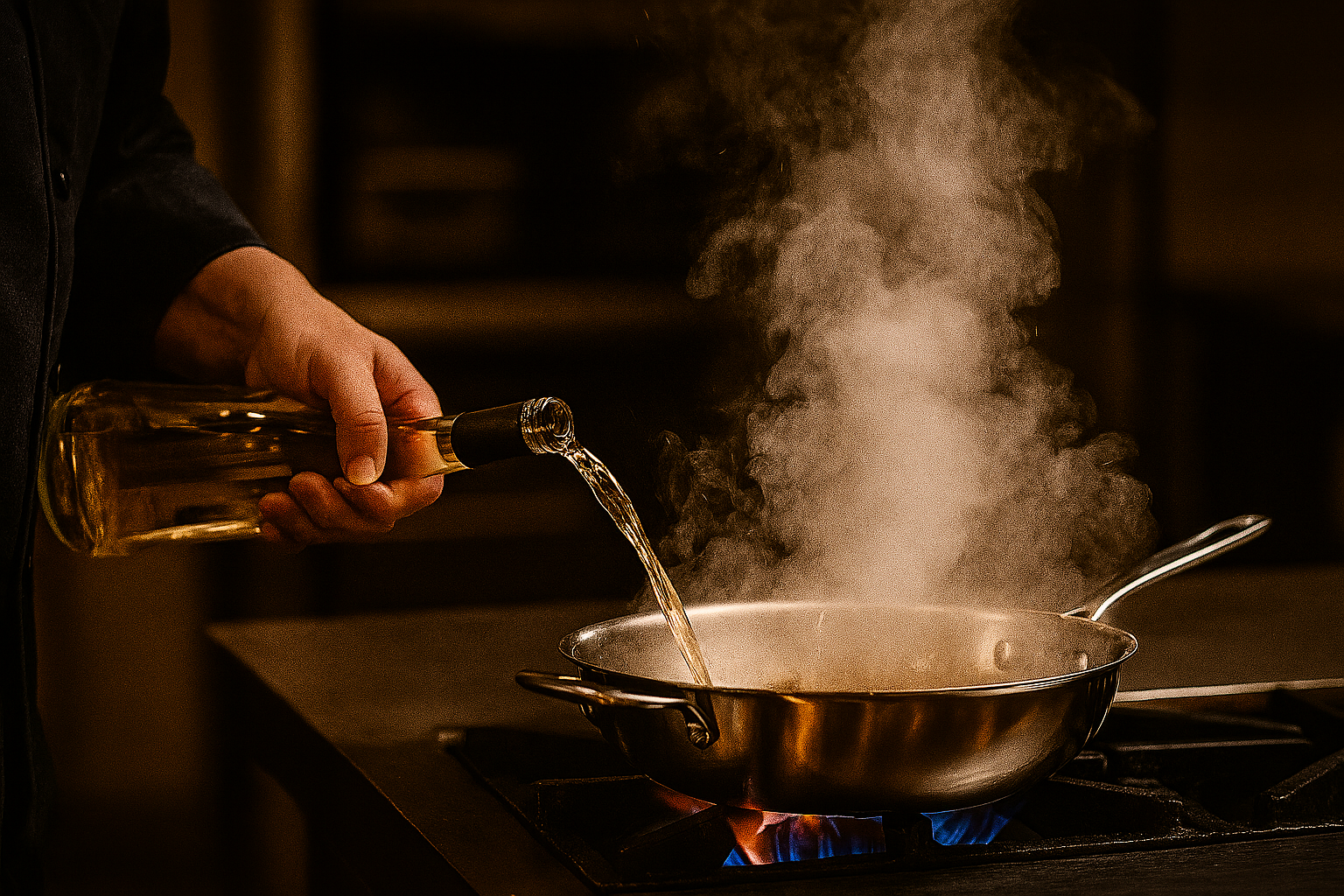 A chef&rsquo;s hand deglazes a multi-ply stainless steel pan with white wine, creating an explosive cloud of aromatic steam while the fond begins releasing from the polished cooking surface