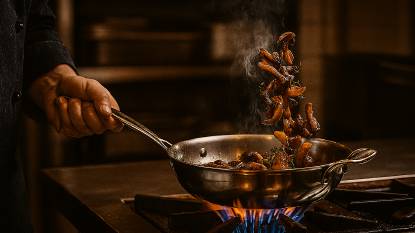 Professional chef using All-Clad multi-ply stainless steel cookware to sauté wild mushrooms, demonstrating the precision heat control and professional-grade construction of premium stainless cookware