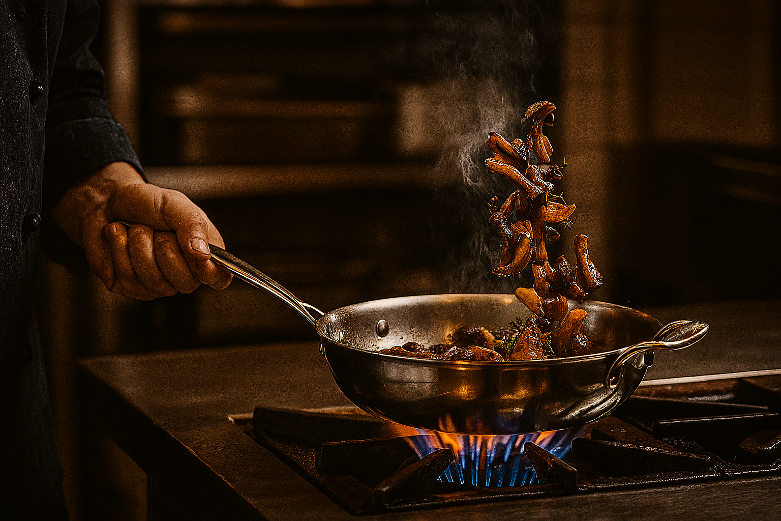 Professional chef using All-Clad multi-ply stainless steel cookware to sauté wild mushrooms, demonstrating the precision heat control and professional-grade construction of premium stainless cookware