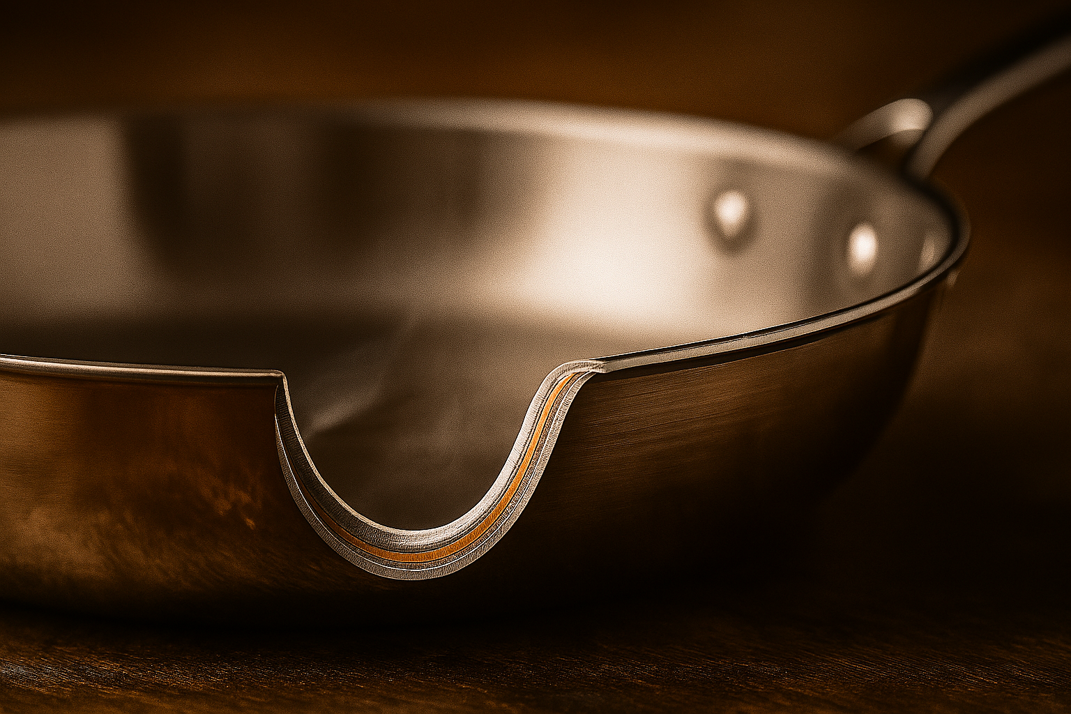 A cross-section of multi-ply stainless steel cookware displays the distinctive layering of metals, revealing the aluminum or copper core sandwiched between layers of gleaming stainless steel