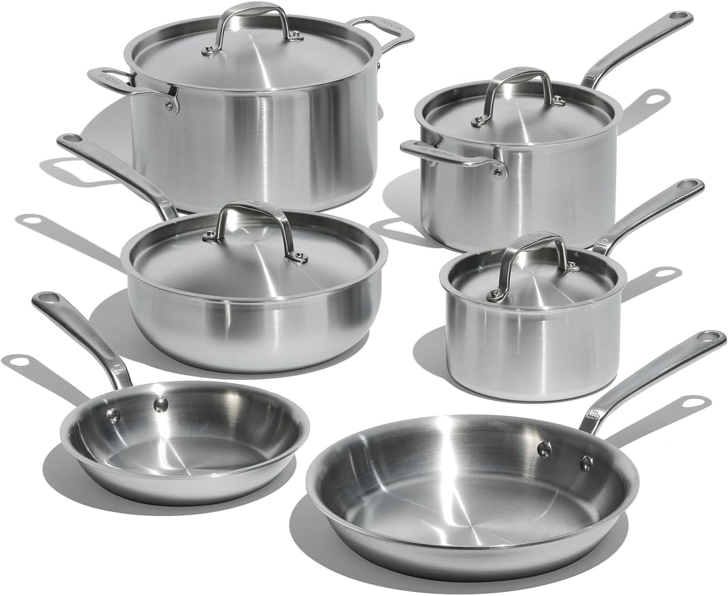 Made In Italian 5-Ply Clad Stainless Steel 10 Piece Cookware Set displayed on a modern kitchen counter with brushed stainless finish and stay-cool handles
