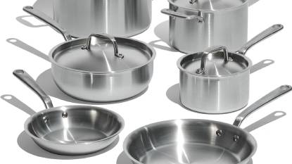 Made In Italian 5-Ply Clad Stainless Steel 10 Piece Cookware Set displayed on a modern kitchen counter with brushed stainless finish and stay-cool handles