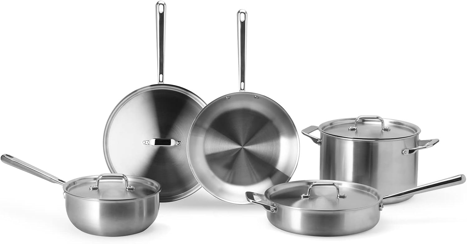 Misen 5-Ply Stainless Steel 9-Piece Cookware Set arranged on a modern kitchen countertop showing skillets, saucepans, and stockpot