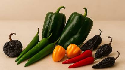 An assortment of seeveral types of Chile peppers on a white kitchen surface
