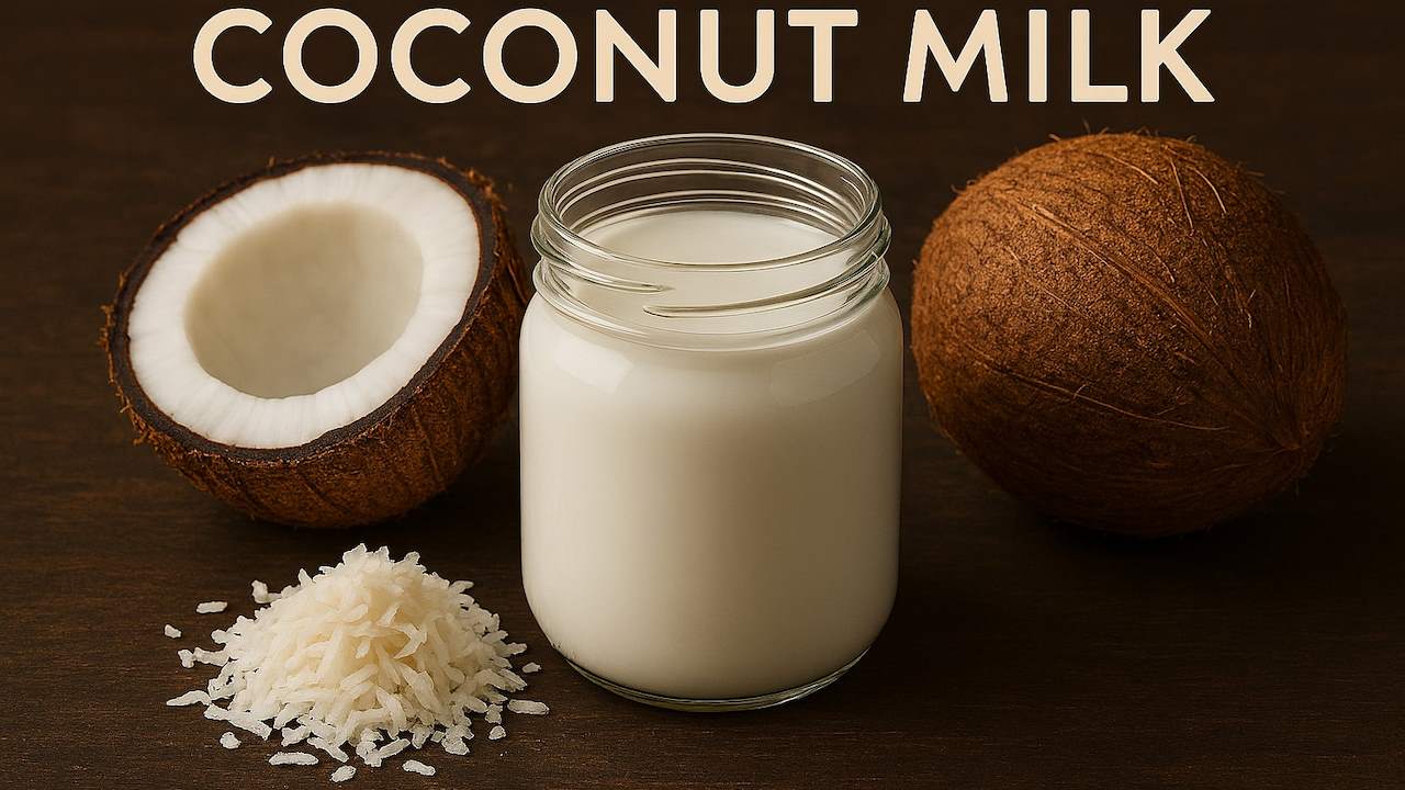 Coconut Milk with Coconuts on a Table