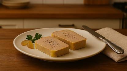 Foie gras on a plate ready to be served on a kitchen table