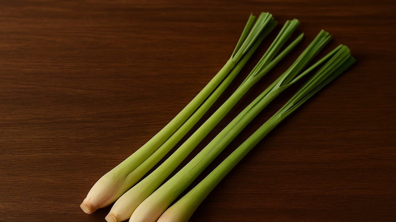 Lemongrass plants laid out on a kitchen surface
