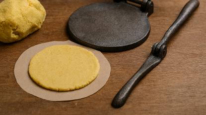 Close-up of fresh, yellow corn masa dough being pressed into a tortilla on a wooden surface, with a traditional tortilla press visible