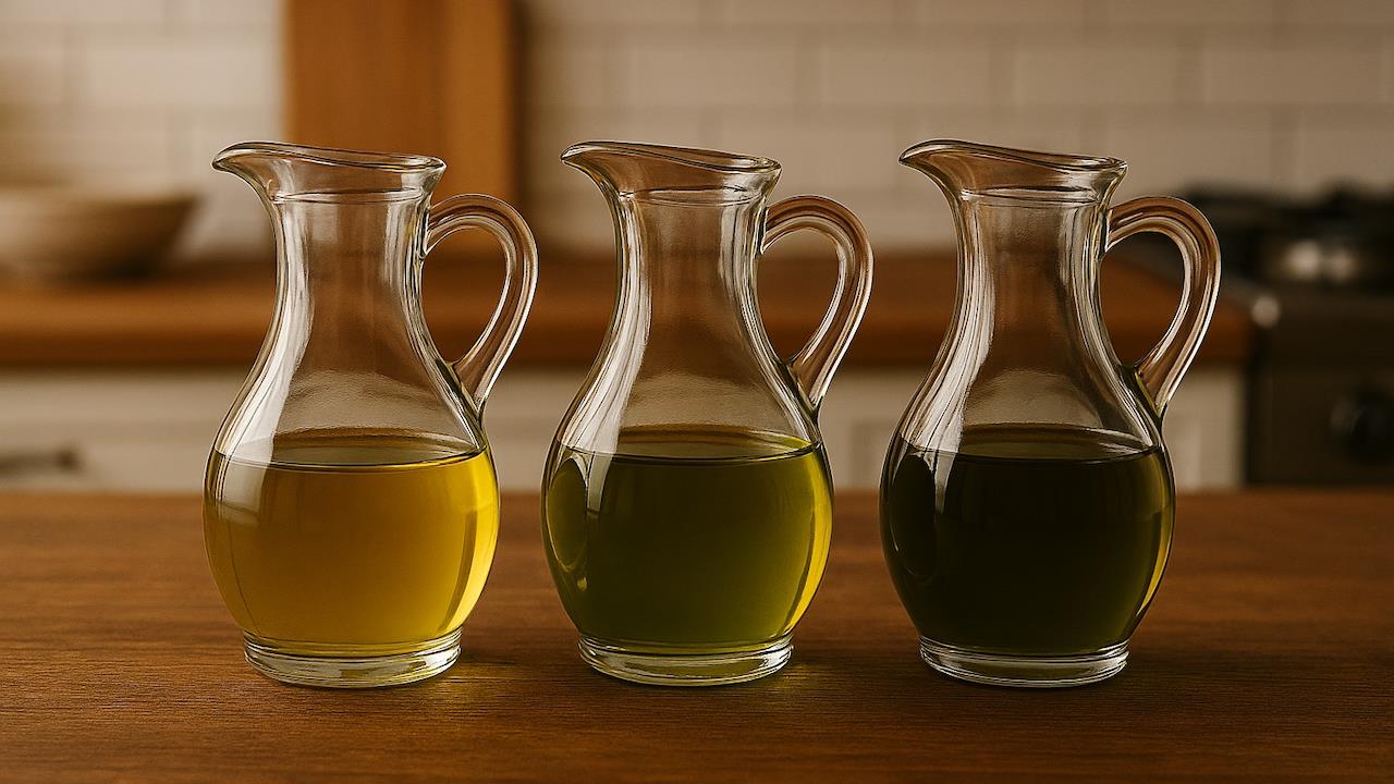 Olive Oil Pouring Bottles containing different Hues of oil, lined up on a Wooden Kitchen Counter