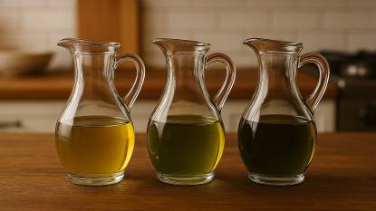 Olive Oil Pouring Bottles containing different Hues of oil, lined up on a Wooden Kitchen Counter