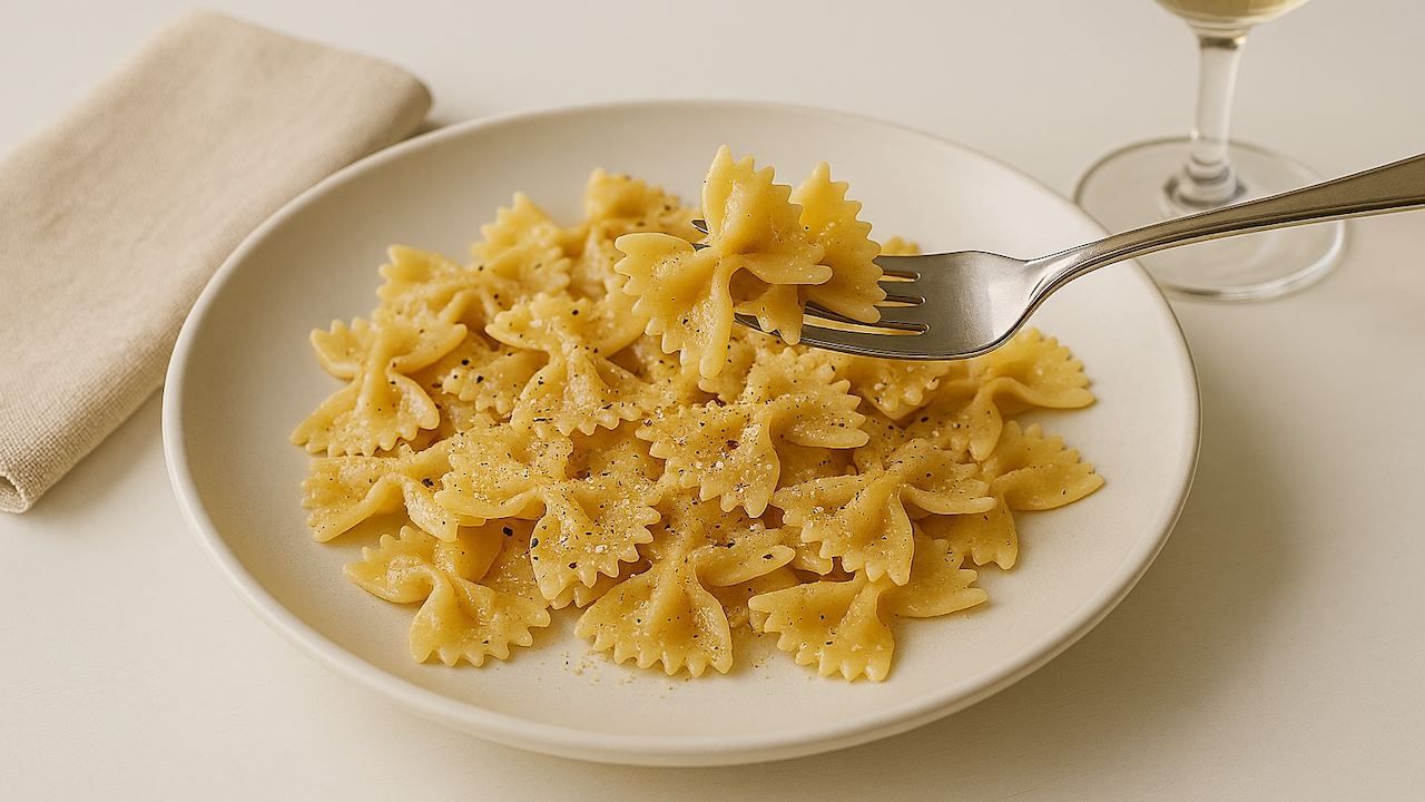 Farfalle pasted cooked and served on a white plate with a fork picking some up